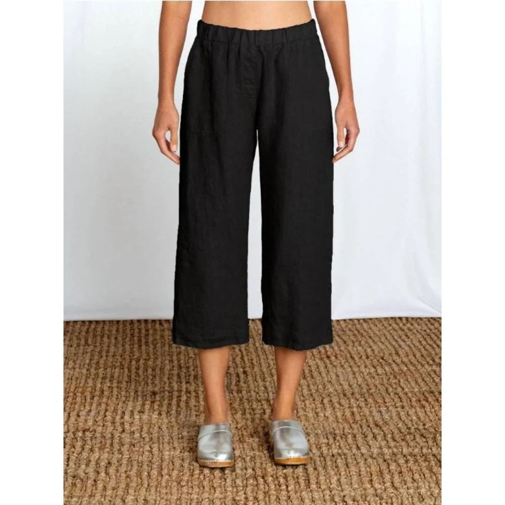 Cut Loose Black Solid Linen Easy Cropped Pants Wide Leg Side Pockets Lagenlook S